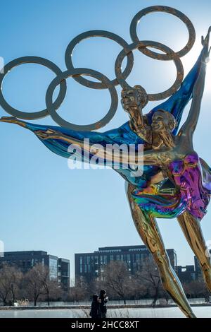 A statue with the Olympic Rings titled "Dating With the Winter Olympics" in Beijing, China. 26-Dec-2021 Stock Photo
