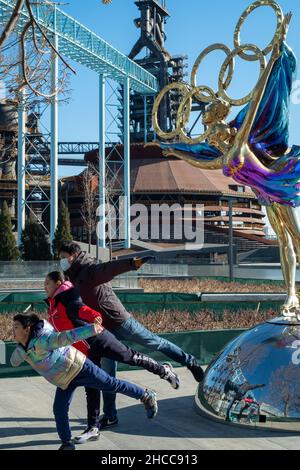 A statue with the Olympic Rings titled "Dating With the Winter Olympics" in Beijing, China. 26-Dec-2021 Stock Photo