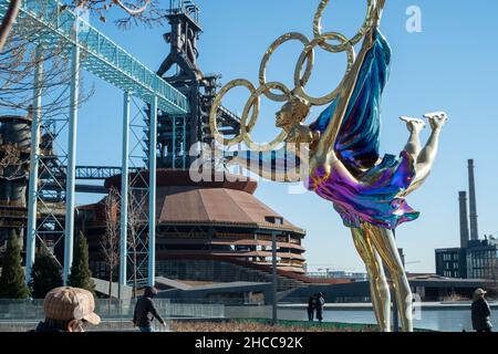 A statue with the Olympic Rings titled 'Dating With the Winter Olympics' in Beijing, China. 26-Dec-2021 Stock Photo