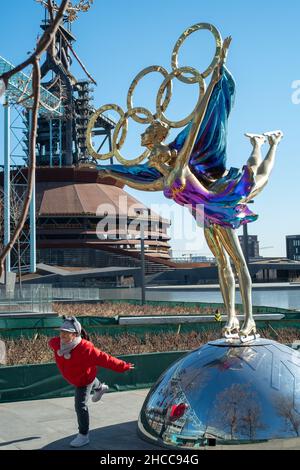 A statue with the Olympic Rings titled "Dating With the Winter Olympics" in Beijing, China. 26-Dec-2021 Stock Photo