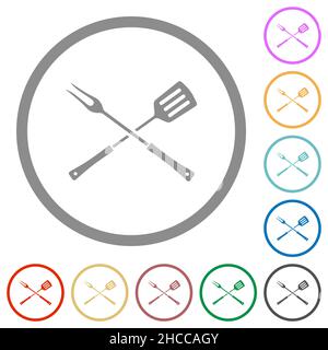 Barbecue fork and spatula in crossed position flat color icons in round outlines on white background Stock Vector