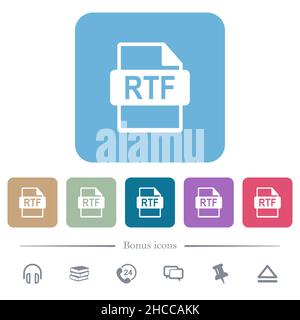 RTF file format white flat icons on color rounded square backgrounds. 6 bonus icons included Stock Vector
