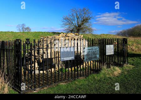 The ruins of Fotheringhay Castle, river Nene, Fotheringhay village, Northamptonshire, England, UK Mary Queen of Scots was beheaded here in 1586,   Kin Stock Photo