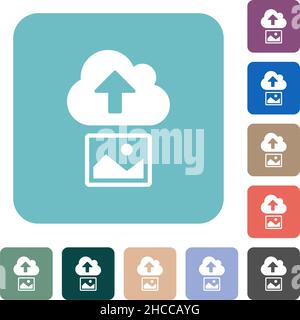 Upload image to cloud solid white flat icons on color rounded square backgrounds Stock Vector