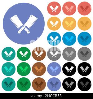Two crossed meat cleavers multi colored flat icons on round backgrounds. Included white, light and dark icon variations for hover and active status ef Stock Vector