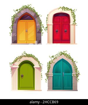 Wooden bright doors with handle, arch and ivy plant. Entrance, gate Stock Vector