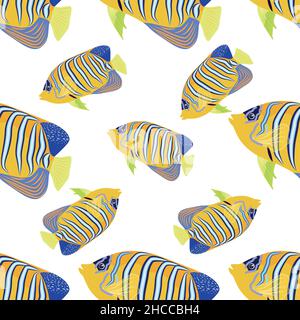 Emperor angelfish, Pomacanthus imperator seamless patterns, sea animal wildlife character. Nature underwater, marine wild ocean zoo fish Stock Vector