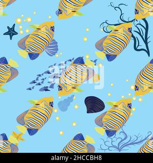 Emperor angelfish, Pomacanthus imperator seamless patterns, sea animal wildlife character. Nature underwater, marine wild ocean zoo fish Stock Vector