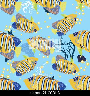 Emperor angelfish, Pomacanthus imperator seamless patterns, sea animal wildlife character. Nature underwater, marine wild ocean zoo fish Stock Vector