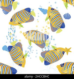 Emperor angelfish, Pomacanthus imperator seamless patterns, sea animal wildlife character. Nature underwater, marine wild ocean zoo fish Stock Vector