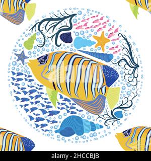 Emperor angelfish, Pomacanthus imperator seamless patterns, sea animal wildlife character. Nature underwater, marine wild ocean zoo fish Stock Vector