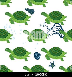 Turtle green seamless pattern, beautiful character among seashells, seaweed, starfish, sea animals wildlife nature. Nature underwater, marine wild fish in the ocean zoo Stock Vector