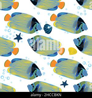 Emperor angelfish, Pomacanthus imperator seamless patterns, sea animal wildlife character. Nature underwater, marine wild ocean zoo fish Stock Vector