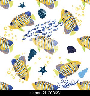 Emperor angelfish, Pomacanthus imperator seamless patterns, sea animal wildlife character. Nature underwater, marine wild ocean zoo fish Stock Vector