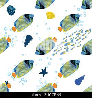 Emperor angelfish, Pomacanthus imperator seamless patterns, sea animal wildlife character. Nature underwater, marine wild ocean zoo fish Stock Vector