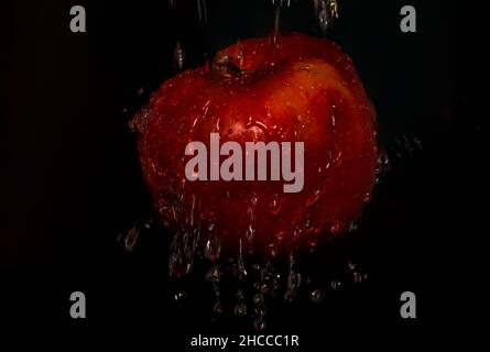 Red apple with water drops on black background Stock Photo