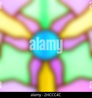 Background blur of stained glass. Glass is purple, blue, yellow, and green. Mostly left-right symmetrical. Stock Photo