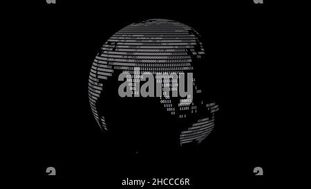 Globe with binary code map rotating on a black background Stock Photo