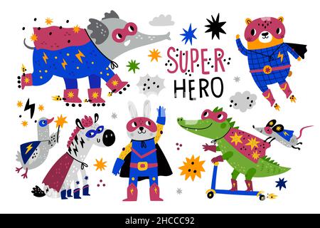 Animals superheroes. Funny comic characters in super outfits, masks and capes, cute heroes, elephant on rollerskates, crocodile on a scooter, hare and Stock Vector