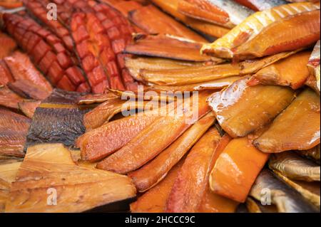 Various smoked fish products. Healthy eating and fish market concept Stock Photo
