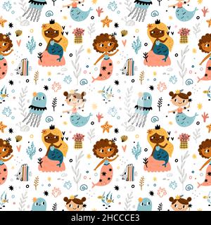 Cute seamless pattern mermaids. Funny multinational marine girls with fish tails, sea world animals, fairy creations, nautical repeat. Decor textile Stock Vector