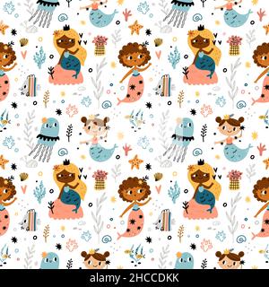 Cute seamless pattern mermaids. Funny multinational marine girls with fish tails, sea world animals, fairy creations, nautical repeat. Decor textile Stock Vector