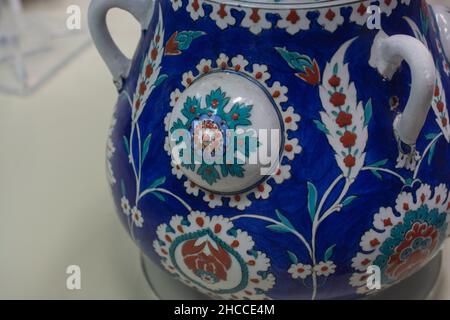 High-angle shot of a beautiful colorful pottery vase with an oriental style pattern Stock Photo