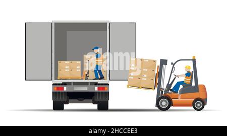 Loading a car van by means of a forklift truck and a hand pallet truck. Logistics and delivery of goods. Flat vector illustration. Stock Vector