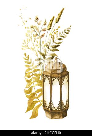 Old decorative carved lantern with Wild grasses and wildflowers. Summer rural composition,  bouquet, decor concept. Hand drawn watercolor illustration Stock Photo