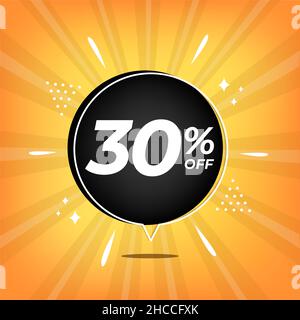 30% off. Yellow banner with thirty percent discount on a black balloon for mega big sales. Stock Vector