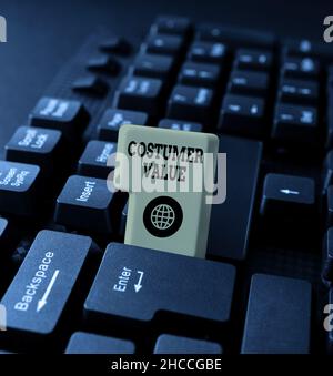 Text caption presenting Costumer Value. Conceptual photo Amount of benefits which clients get from purchasing products Typing A New Mystery Novel Stock Photo
