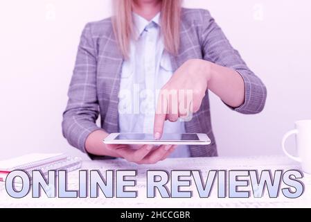 Inspiration showing sign Online Reviews. Business idea Product evaluation Customer feedback publish in the website Displaying New Smartphone Stock Photo