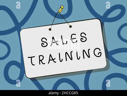 Writing displaying text Sales Training. Business idea Action Selling Market Overview Personal Development Pinned Hanging Door Sign Drawing With Empty Stock Photo