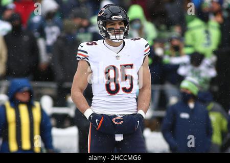 Seattle, WA, USA. 26th Dec, 2021. Chicago Bears tight end Cole Kmet (85)  runs after the catch during a game between the Chicago Bears and Seattle  Seahawks at Lumen Field in Seattle