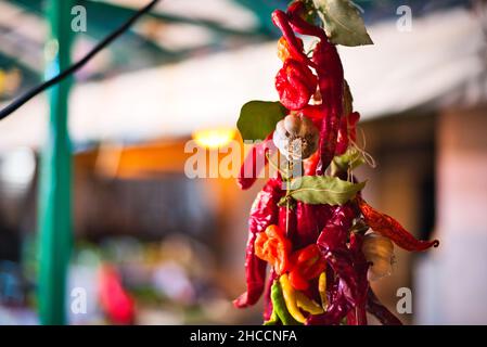 Selective focus of dried red chili peppers hanging alongside ghost peppers and garlic Stock Photo
