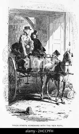 Engraving of two people riding in a carriage, a scene from a Victorian era book by Charles Dickens, published circa 1908 Stock Photo