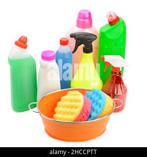 Collection of various household cleaning products isolated on a