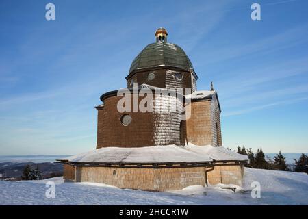 Chapel of Saint Cyril and Methodius, Radhost hill, Beskid mountains, Czech republic, Czechia - beautiful historic religious building in the winter.Co Stock Photo