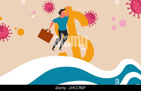Business and financial crisis in Usa. Man floating on dollar sign in the ocean vector illustration concept. The risk of bankruptcy and recession of mo Stock Vector