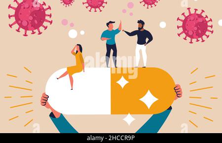 Covid 19 vaccine treatment and health risks. Hands holding a medication pill vector illustration concept. Prevention virus and crisis epidemic people. Stock Vector