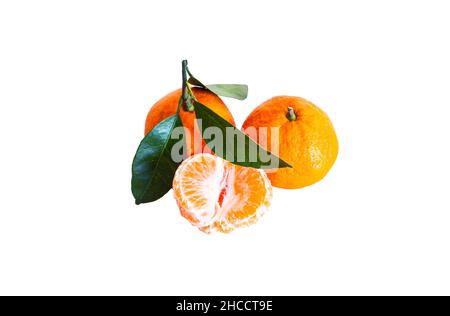 Tangerines with leaves on a white background Stock Photo