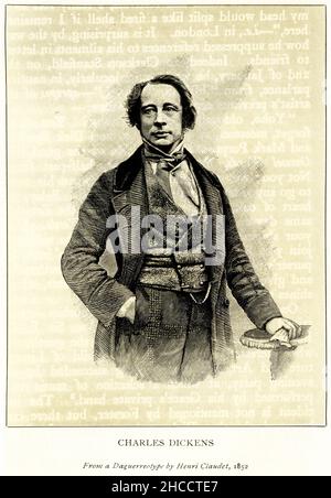 Portrait of Charles Dickens circa 1852 on a background of text from one of his novels, from a Victorian era book about Dickens Stock Photo