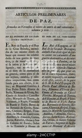 Preliminary articles of peace. The representatives of Spain and Great Britain, meeting in Versailles (France) on 20 January 1783, signed the preliminary articles of the Treaty of Versailles. They agreed to end the war between Spain, France, England and the United States. The emperors of Russia and Austria acted as mediators because of the tense negotiations. Collection of the Treaties of Peace, Alliance, Commerce adjusted by the Crown of Spain with the Foreign Powers (Colección de los Tratados de Paz, Alianza, Comercio ajustados por la Corona de España con las Potencias Extranjeras). Volume II Stock Photo