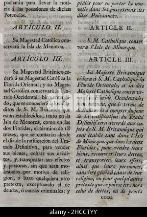 Preliminary articles of peace. The representatives of Spain and Great Britain, meeting in Versailles (France) on 20 January 1783, signed the preliminary articles of the Treaty of Versailles. They agreed to end the war between Spain, France, England and the United States. Articles II and III (on the island of Menorca and the territory of Florida). Collection of the Treaties of Peace, Alliance, Commerce adjusted by the Crown of Spain with the Foreign Powers (Colección de los Tratados de Paz, Alianza, Comercio ajustados por la Corona de España con las Potencias Extranjeras). Volume III. Madrid, 1 Stock Photo