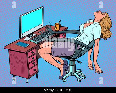 A tired businesswoman spt woman in the office at the workplace. A robot chair works for her, typing text on the computer keyboard Stock Vector