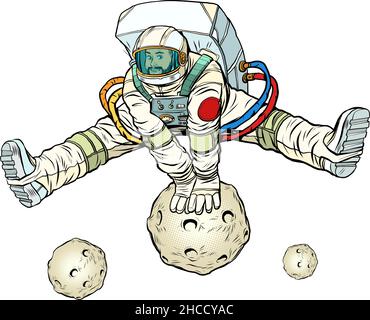 The astronaut rejoices jumping up through an asteroid or planet in a funny pose with his legs apart. Space and science Stock Vector
