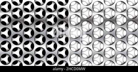 Two stylized vector illustrations of realistic volumetric metallic tech pattern seamless in all directions Stock Vector