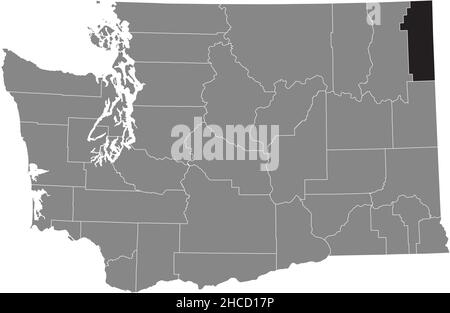 Black highlighted location map of the Pend Oreille County inside gray administrative map of the Federal State of Washington, USA Stock Vector