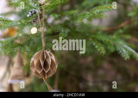 homemade Christmas tree toy made of eco materials for Christmas tree. Stock Photo