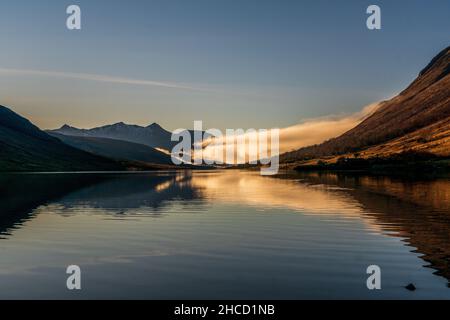 Awesome Blue Sky Scene in Glen Etive at Loch Etive with reflections, Scottish Highlands